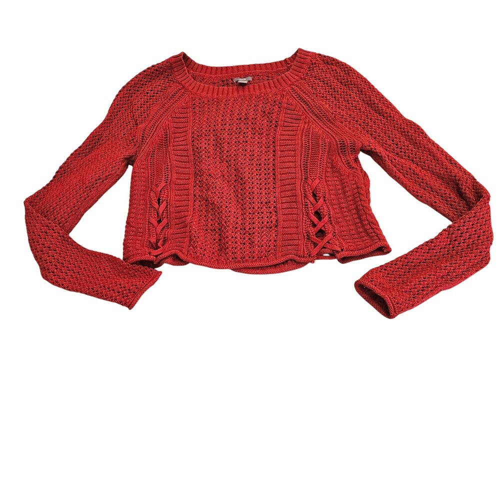 Aerie Red Open Knit Lace-Up Crop Sweater Women's Small